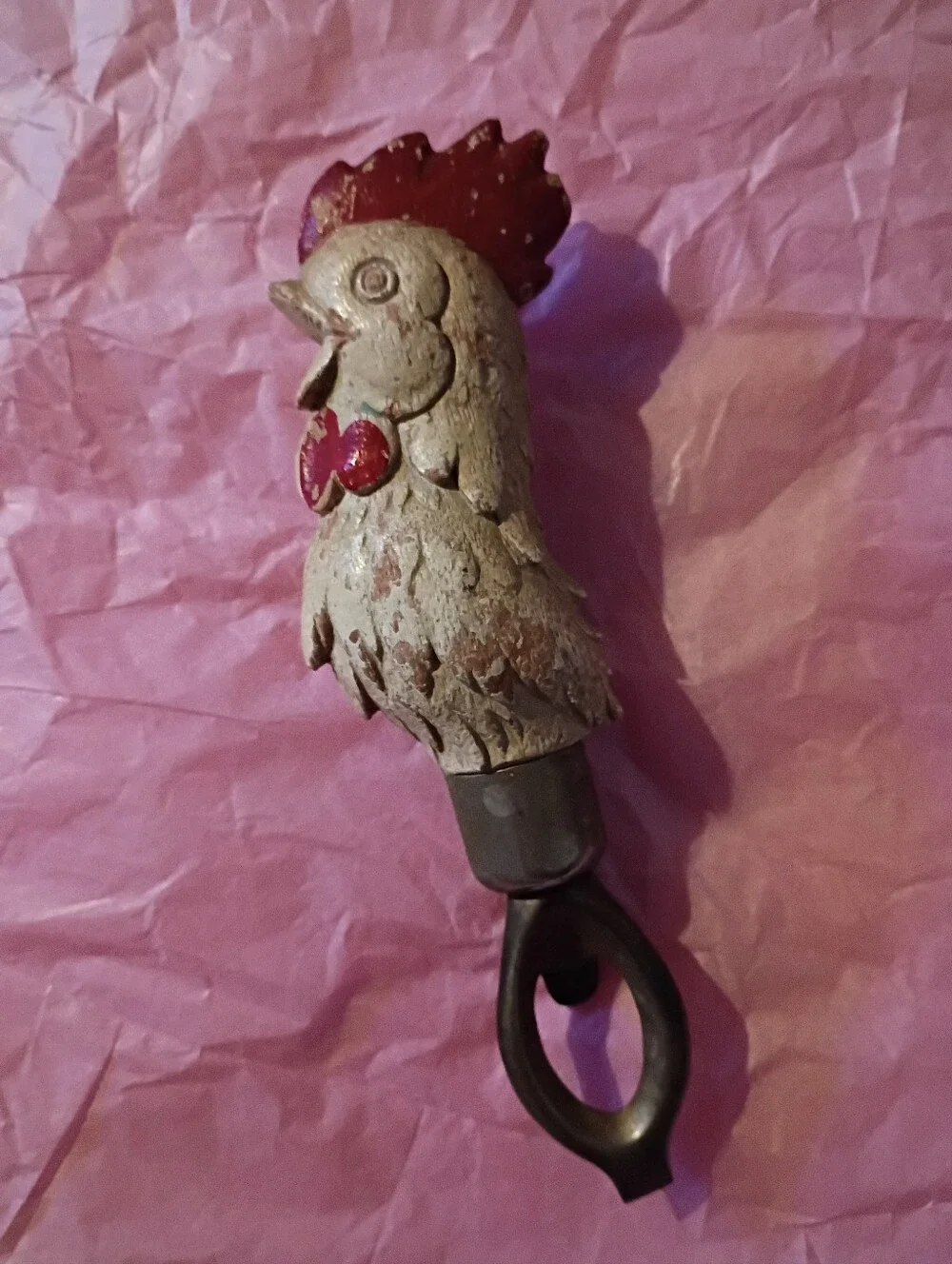 Vintage Rooster Bottle Opener Wooden Chicken Cream and Red